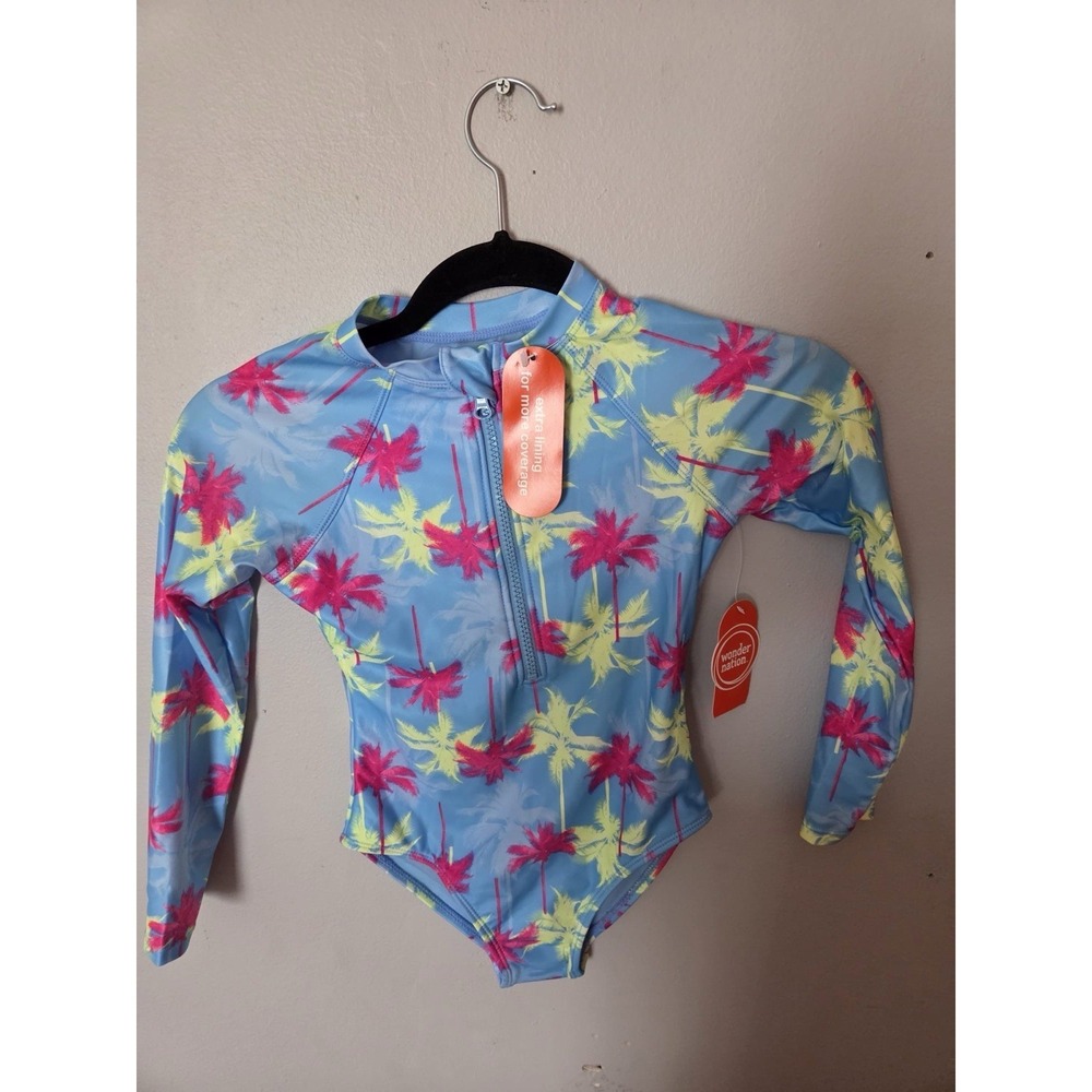 New Girls Size S 6 - 6x Long Sleeve Swimsuit By Wonder Nation